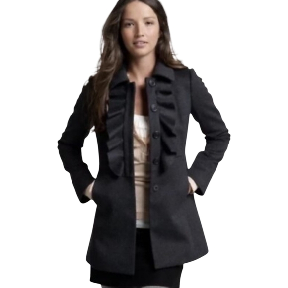 J. Crew Black Wool Ruffle Front Coat Size 8 Petite - Picture 1 of 6